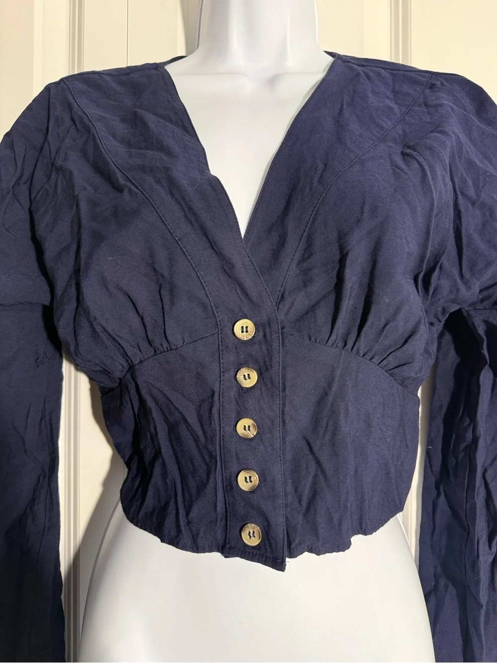 Free People Navy Button-Front Cropped Top